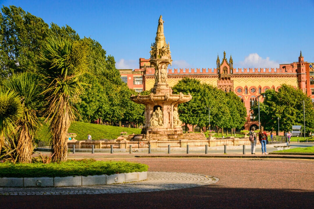 Park scene with marble fountain